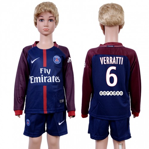 Paris Saint-Germain #6 Verratti Home Long Sleeves Kid Soccer Club Jersey - Click Image to Close